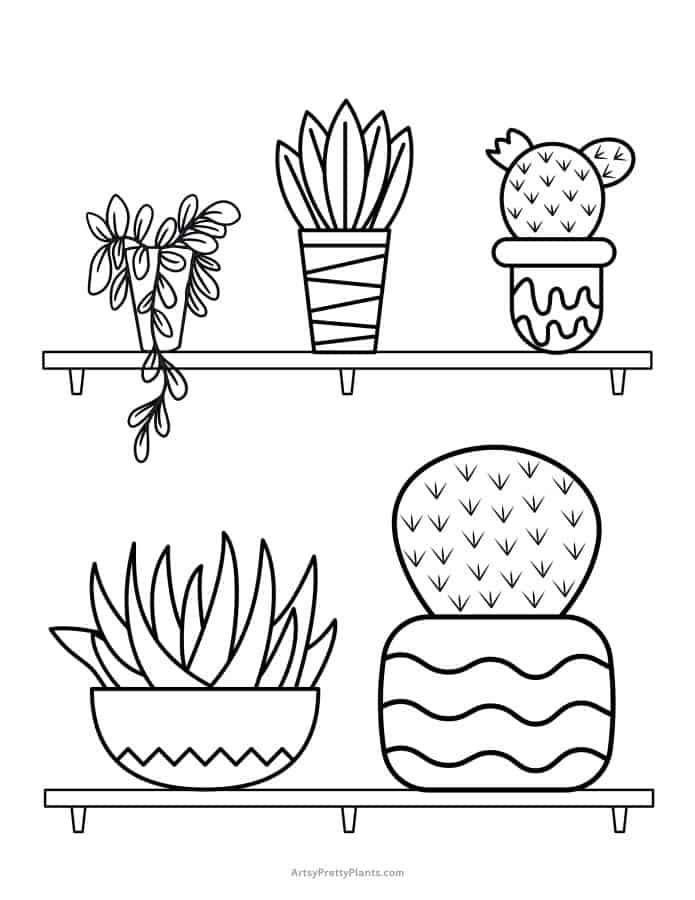 Coloring page of decorative planters with cactus plants inside, sitting on wall shelves inside a home.