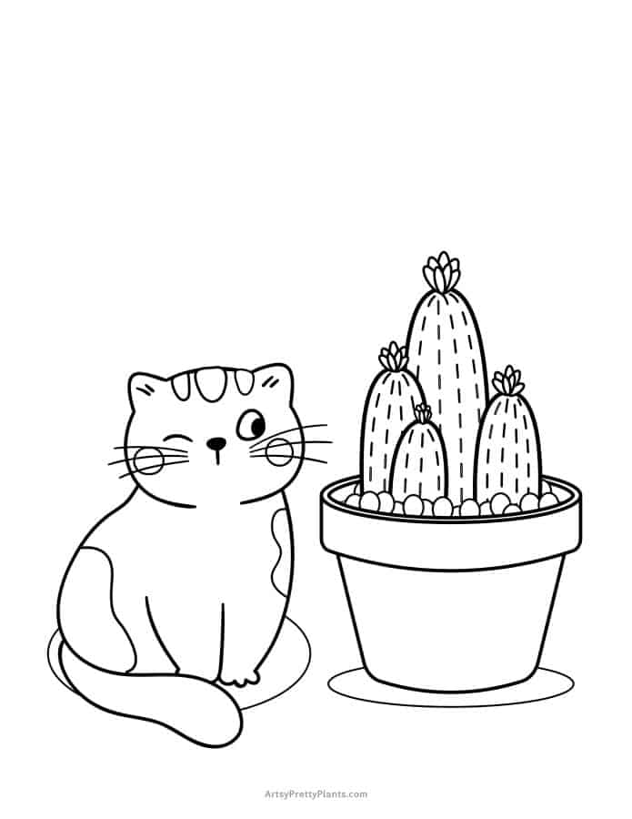 Coloring page of a cat next to a pretty cactus plant.