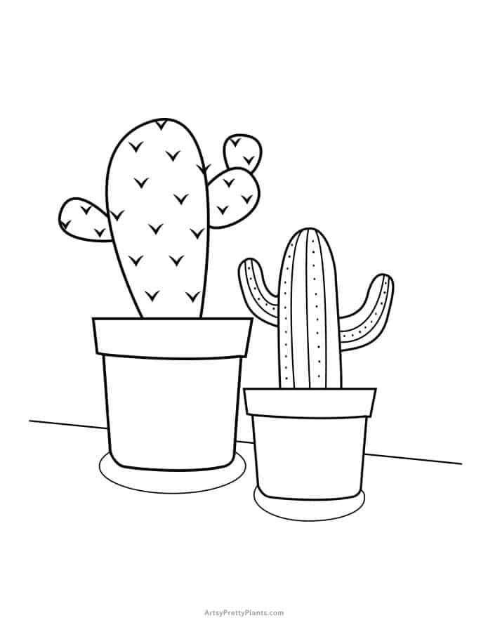Coloring page of two cactus plants on a table.