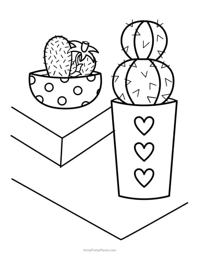 Coloring page of two cacti on a desk.