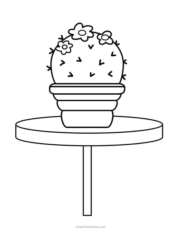 Coloring page of a mountain ball cactus with flowers on top.