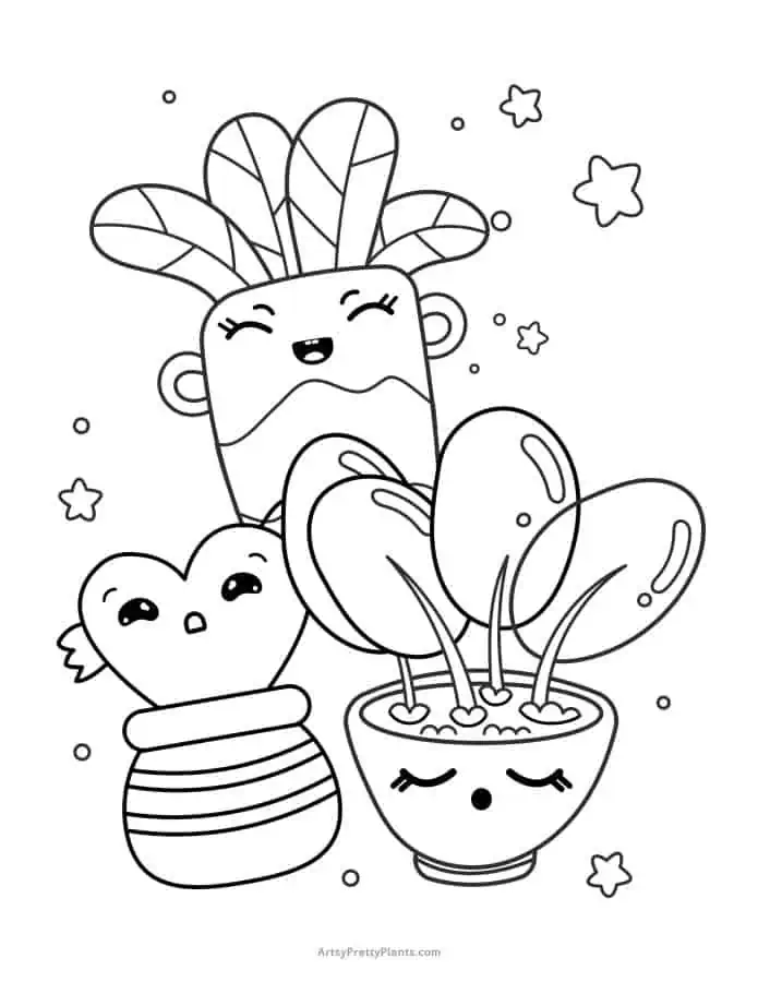 Coloring page of three kawaii faces that are singing. They are on decorative planters with cactus plants inside.