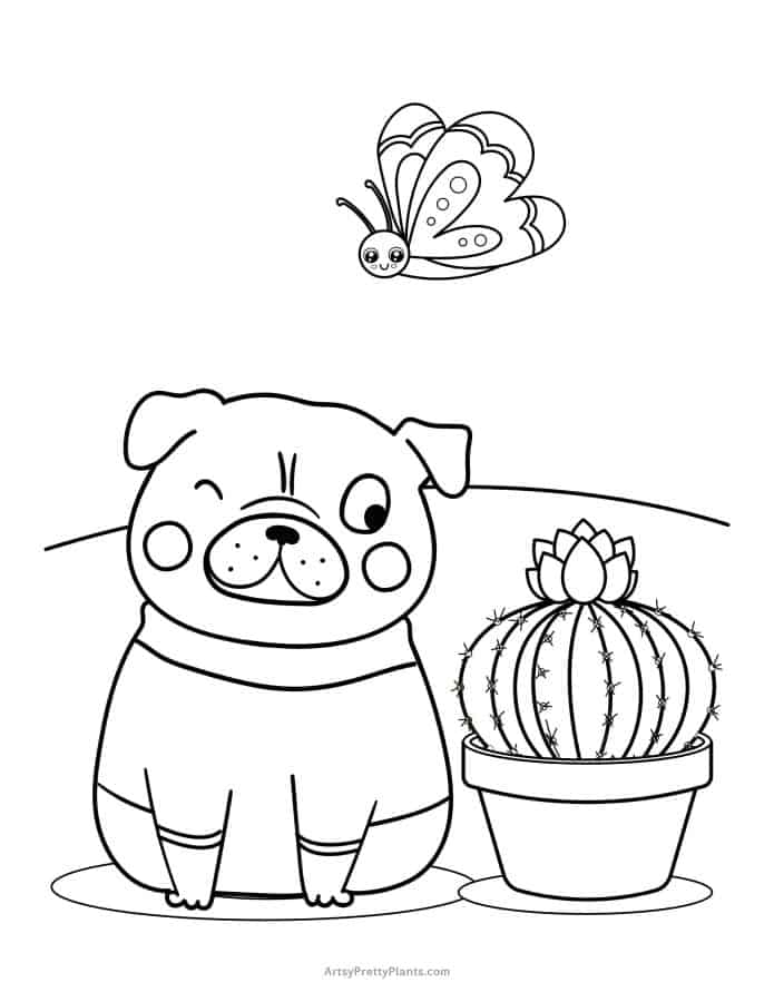 A coloring page of a dog looking sideways at a round cactus.