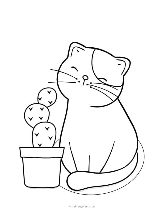 A coloring sheet of a cat with its eyes closed, sitting next to a cactus.