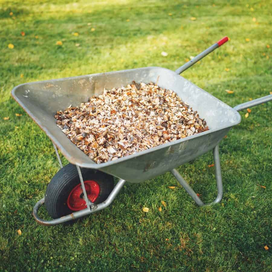 A wheel barrow on grass, filled with small sized wood chips/