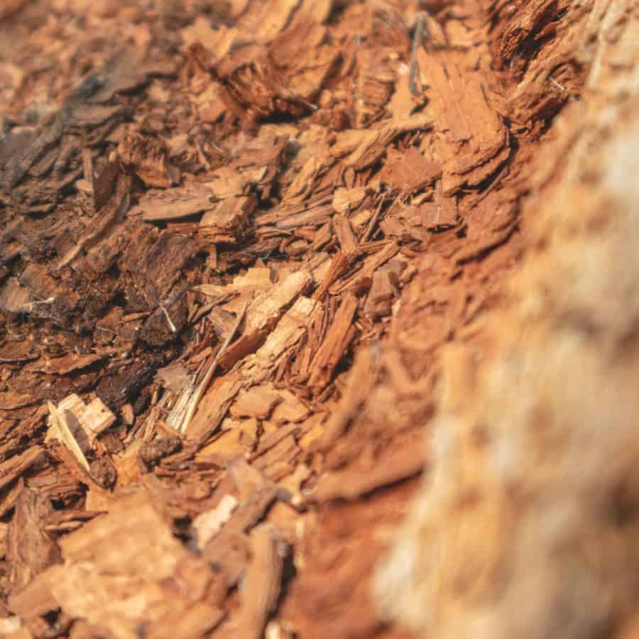 Several layers of wood chips in different sizes and colors.