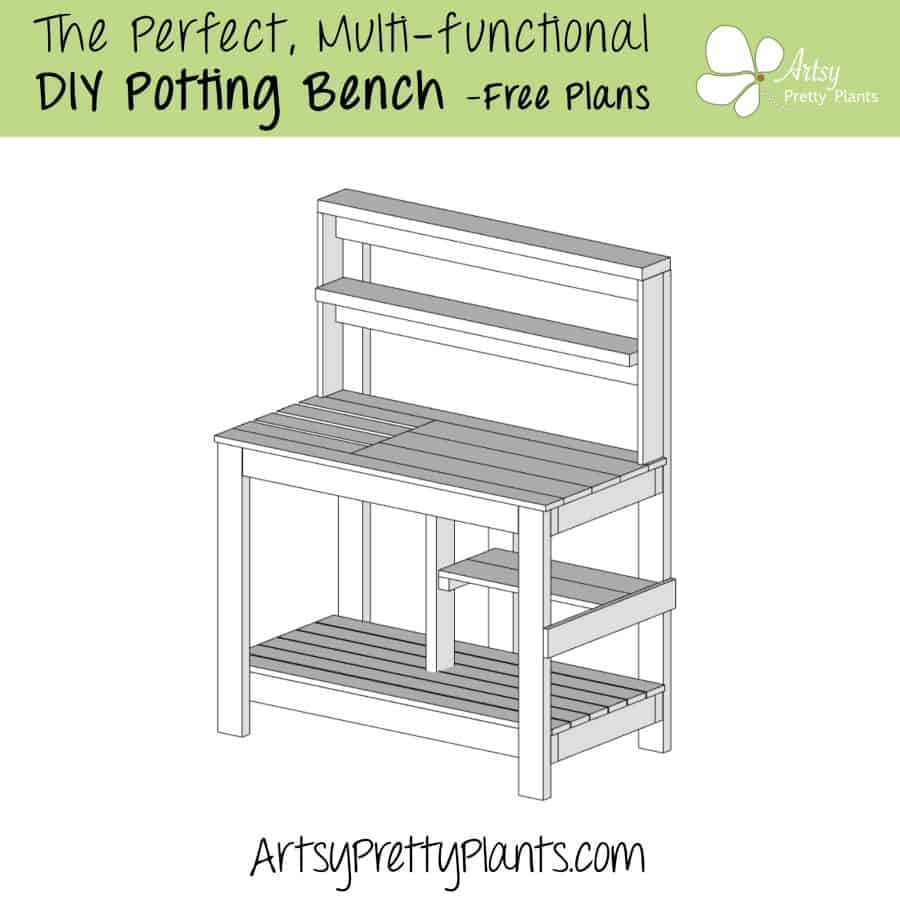 A line drawing of a DIY potting bench. text says "Free plans for potting bench".
