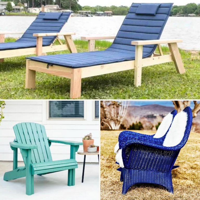 Three different types of DIY outdoor chairs. One painted shabby chic, one made with wood and is a lounge chair, the other is a wooden Adirondack style chair.