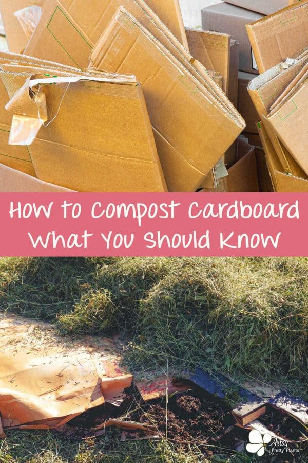 Image of cardboard moving boxes to be composted with text saying "how to compost cardboard- what you should know", and another image of cardboard on ground layered with organic compost materials.