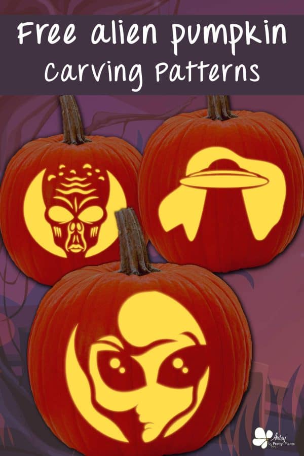 3 pumpkins with glowing carved images of three different aliens that were carved from pdfs of alien pumpkin carving patterns. text says Free alien pumpkin carving patterns.