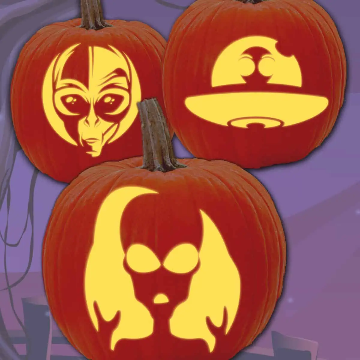 3 pumpkins with glowing carved images of three different aliens that were carved from  pdfs of alien pumpkin carving patterns.