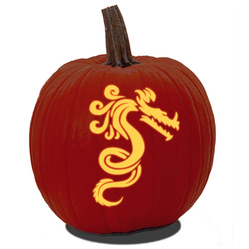 An intricate Jack O' Lantern made from a dragon pumpkin carving pattern.