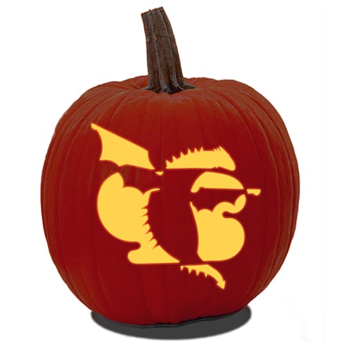 A Jack O' Lantern made from a flying dragon pumpkin carving pattern that's free.
