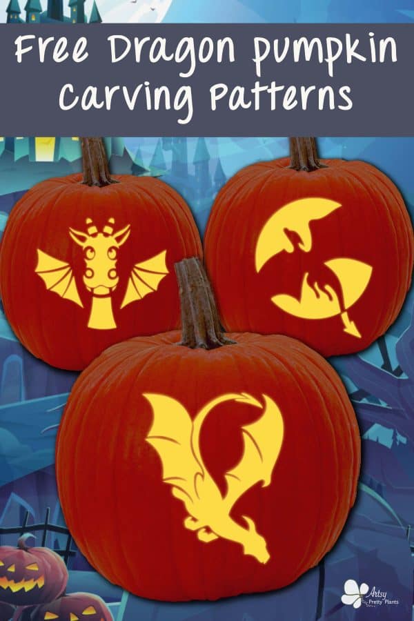 3 glowing pumpkins carved with dragon carving patterns. Text says Free dragon pumpkin carving patterns.