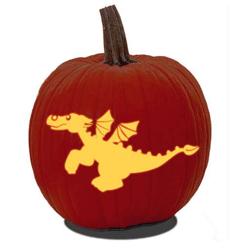 A Jack O' Lantern made from a cute Dragon pumpkin carving printable PDF.