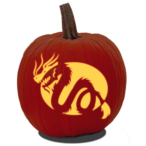 A Jack O' Lantern made from a free Chinese Dragon pumpkin carving template.