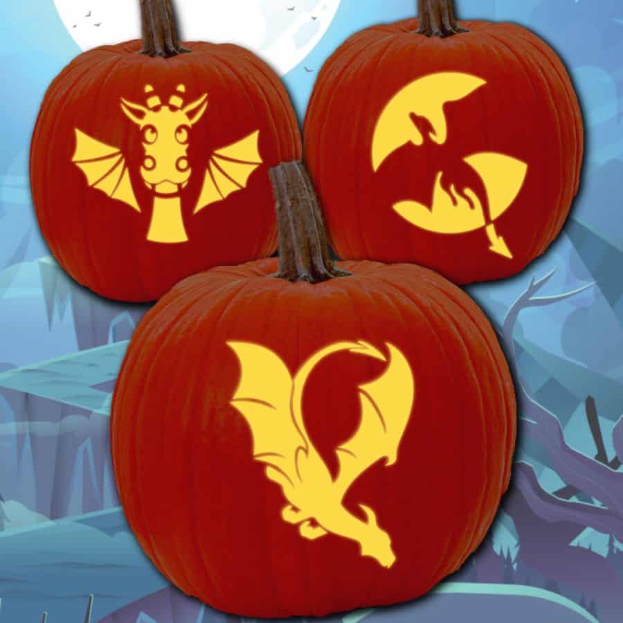 3 glowing pumpkins carved with dragon carving patterns.