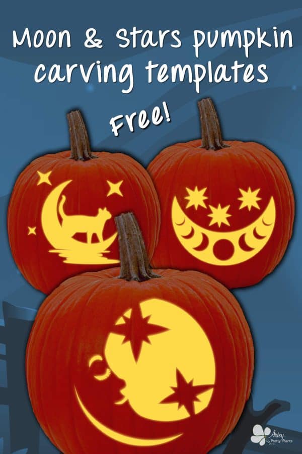 Three pumpkins glowing that were carved with moon and starts pumpkin carving patterns. text says these templates are free.