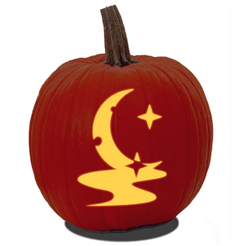 A Jack O'Lantern design carved using a free moon and stars pumpkin carving pattern PDF printable.