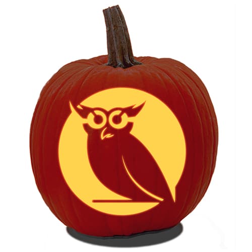 An owl pumpkin carving pattern stencil of a funny owl with silly eyes, on a branch.