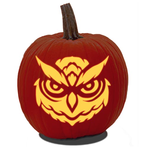 An intricate owl pumpkin carving stencil.