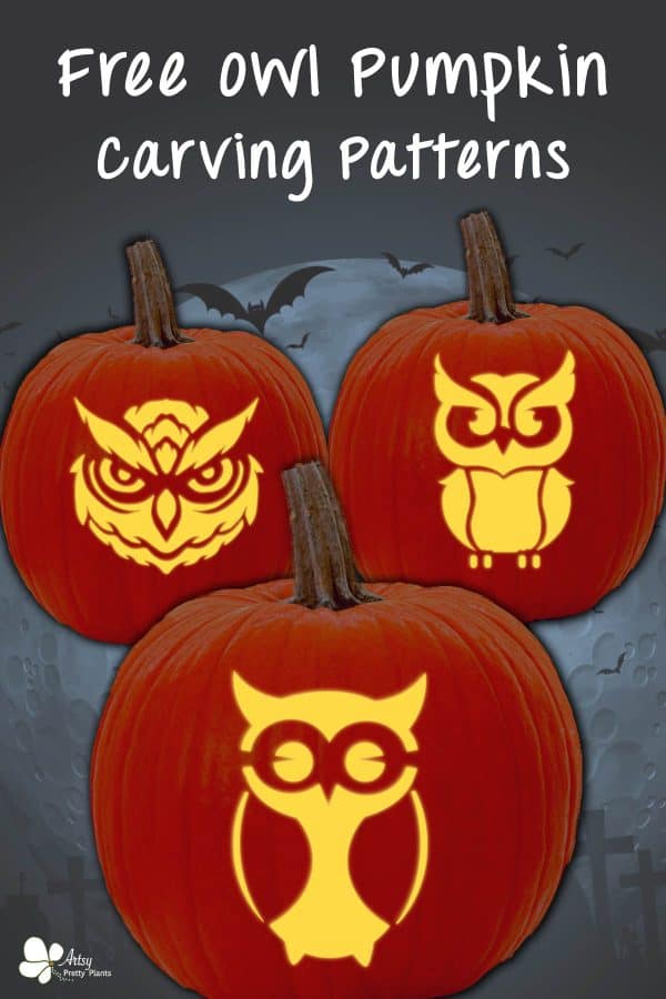 Three pumpkins with designs of owls carved from them using pdf printable pumpkin carving patterns.