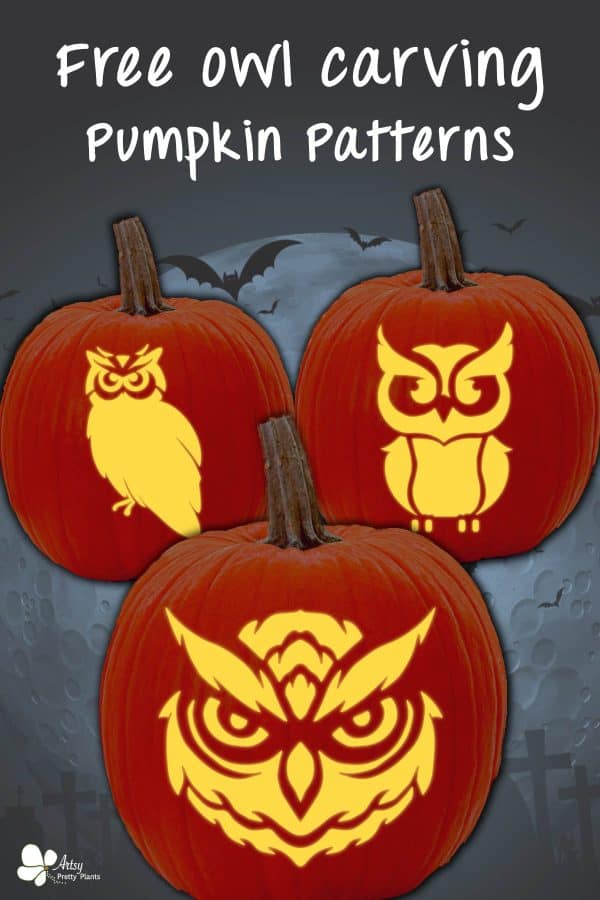 Three pumpkins with designs of owls carved from them using pdf printable pumpkin carving patterns.
