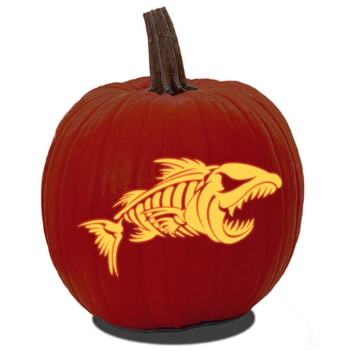 A carved Jack O'Lantern with a skeleton of a fish from printable fish pumpkin carving stencil.