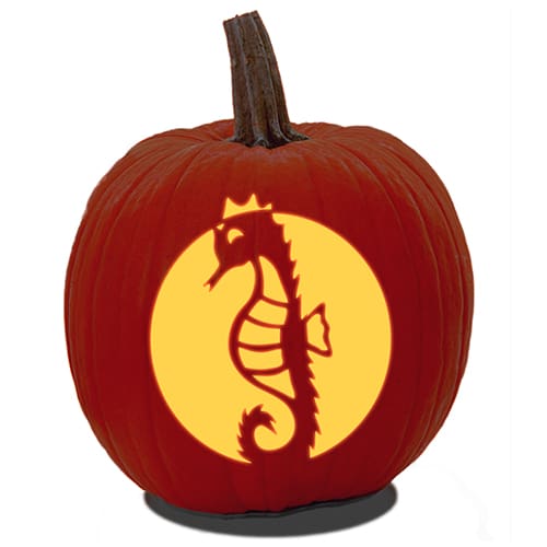 A carved pumpkin of a seahorse design from PDF fish pumpkin carving pattern.