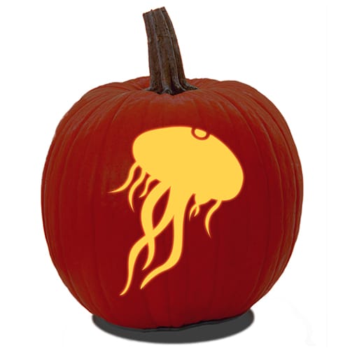A carved pumpkin of a jellyfish design from PDF fish pumpkin carving pattern.