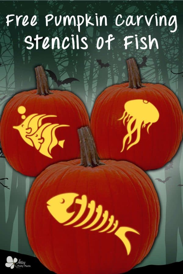 3 glowing carved pumpkins with designs from printable fish pumpkin carving patterns.