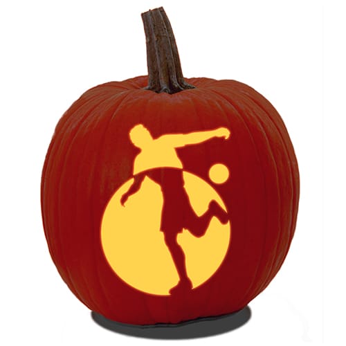 Halloween pumpkin carved with printable male soccer player pumpkin carving pattern.