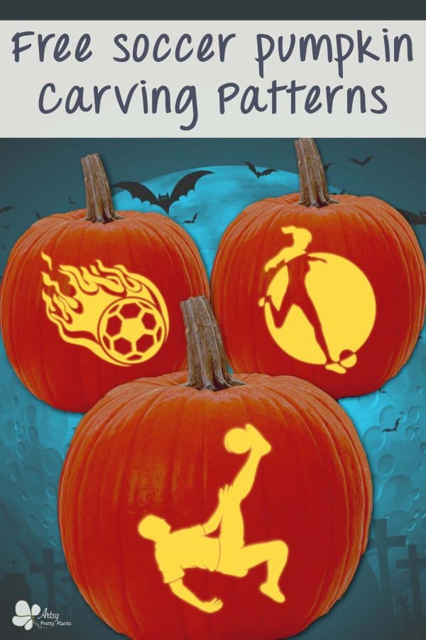 3 Halloween pumpkins carved with soccer-themed pumpkin carving patterns.