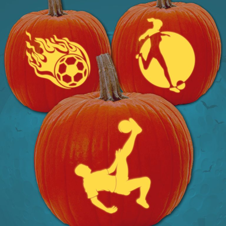 3 Halloween pumpkins carved with soccer-themed pumpkin carving patterns.