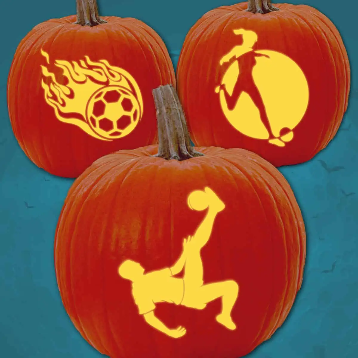 3 Halloween pumpkins carved with soccer-themed pumpkin carving patterns.