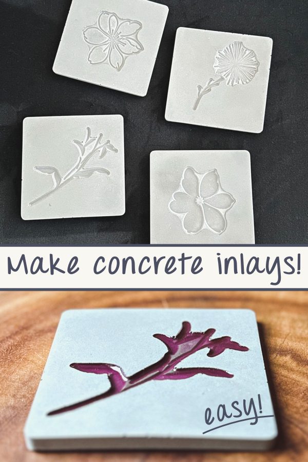 4 concrete tiles, unfilled with inlay designs made with easy silicone stamps. Text says make concrete inlays.