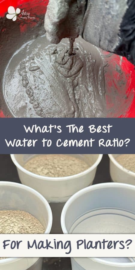 A perfect cement to water mixture flowing from a hand into a mixing bowl. Text says what's the best water to cement ratio. Cups of cement and cup of water showing correct water to cement ratio.