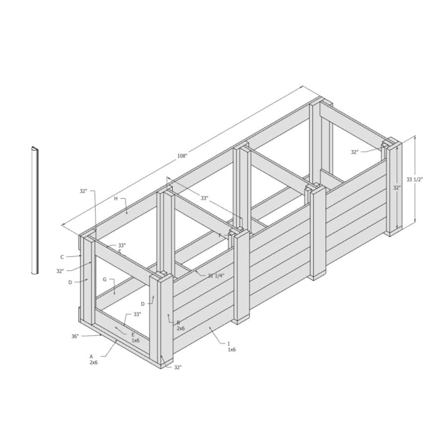 Overall graphic of assembled wood compost unit.