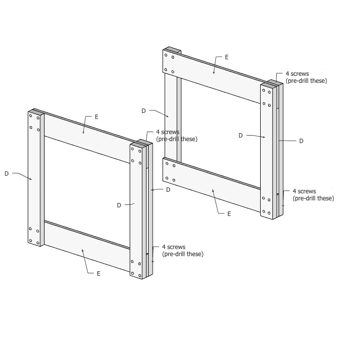 Outer legs with graphic showing where to drill and screw together.